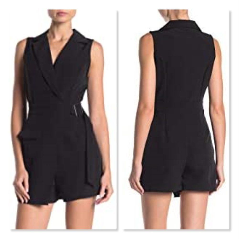 NSR Faux Wrap Belted Trench Romper size Medium in Black - NEW